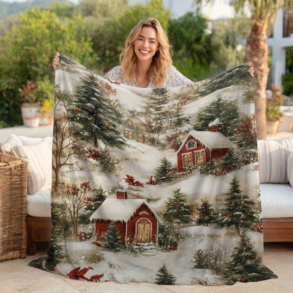1 Christmas Winter Theme Decorative Blanket, Soft, Warm And Comfortable, Suitable for Indoor Spaces Like Shops, Sofas, Living Rooms, Etc. Holiday Atmosphere Design, Fluffy Texture Thickened Quilt Core
