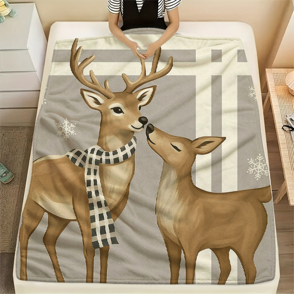 1pc of Christmas Reindeer Scarf-pattern Cream Beige Flannel Blanket, Featuring a Festive and Cozy Design. Soft Plush Surface, Suitable for All Seasons. Ideal for Reading Time, Weekend Naps on the Sofa, and Dorm Life