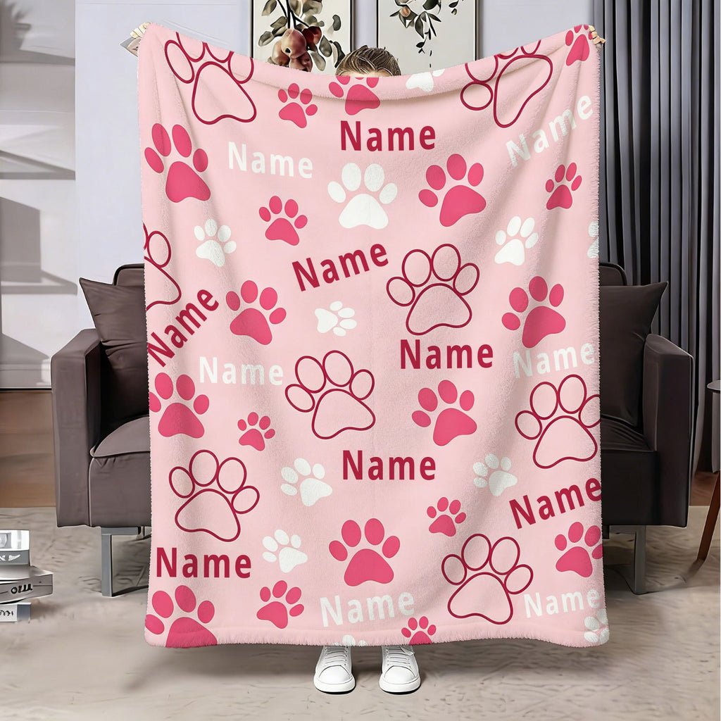 Personalized Custom Name Blanket, Dog Paw Flannel Blanket, Plush Blanket Gift for Outdoor Enthusiasts, All-Season Gift Blanket Suitable for Home and Travel, Comfortable Personalized Blanket, Holiday Gift for Family and Friends