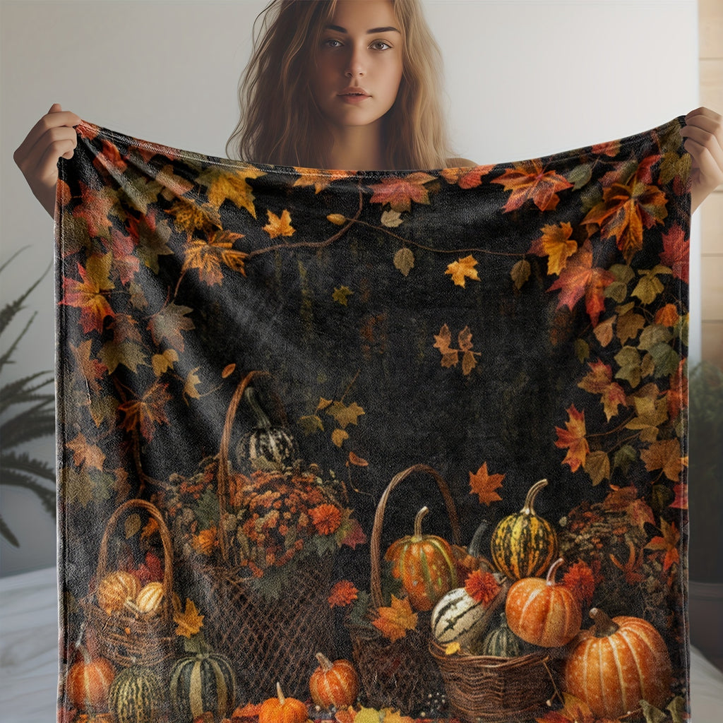 1pc, Autumn Harvest Themed Flannel Blanket with Pumpkin and Maple Leaf Pattern, Soft, Comfortable, and Warm, Black Base with Orange, Yellow, and Red Leaf Design, Durable Plush Surface, All-Season Sofa Blanket, Warm Throw Blanket, Multiple Sizes