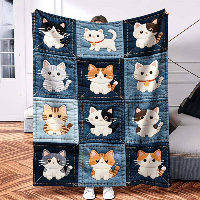 1pc Imitation Denim Patchwork Cute Cat Print, 2D Printed Ultra-Soft Flannel Blanket, Premium Plush Blanket, Lightweight Bed Blanket, Multi-Scene Use, Can Be Used as a Throw Blanket, Air Conditioning Blanket, Shawl Blanket, Travel Blanket, an Ideal