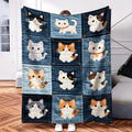 1pc Imitation Denim Patchwork Cute Cat Print, 2D Printed Ultra-Soft Flannel Blanket, Premium Plush Blanket, Lightweight Bed Blanket, Multi-Scene Use, Can Be Used as a Throw Blanket, Air Conditioning Blanket, Shawl Blanket, Travel Blanket, an Ideal