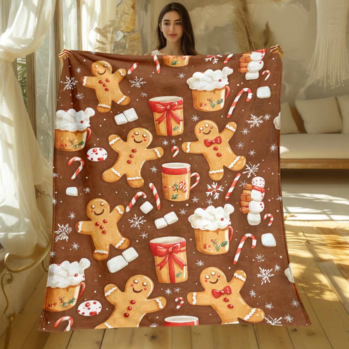 1 Christmas Gingerbread Blanket - Lightweight Flannel-Like Soft Warm All-Season Blanket with Gingerbread Man, Candy Bar, Gifts - Brown/Red/White Holiday Decor for Sofa, Travel, Camping - Perfect Christmas Gift Ideas, Travel Essentials
