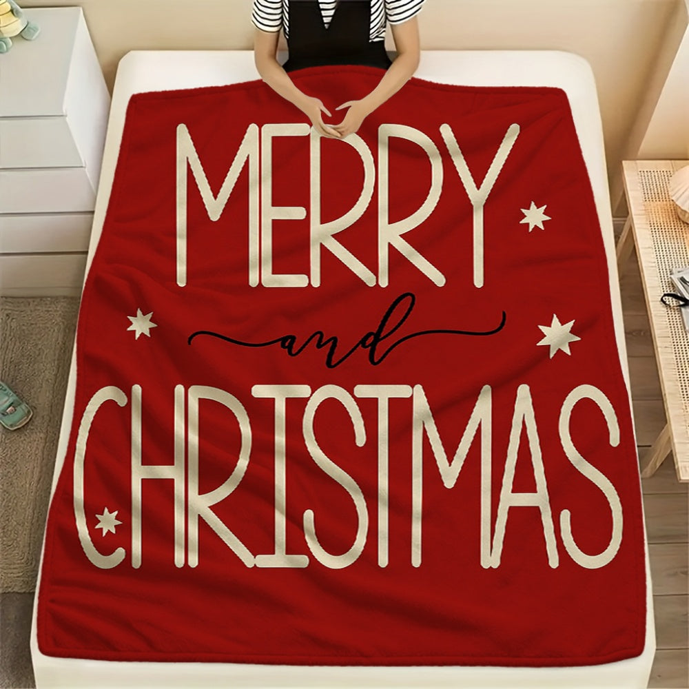 1pc Red Christmas "Merry Christmas" Theme Flannel Blanket, Festive Decor Design, Soft Plush All-Season Use, Suitable for Reading Time, Dorm Life, And Weekend Sofa Naps