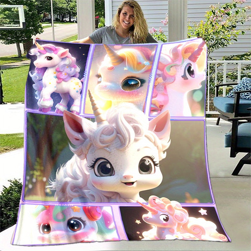 1pc 2D Flat Printed Cute Unicorn Themed Blanket, Soft Flannel Throw Blanket - Pink and Purple Design, Multiple Sizes Available, Suitable for Living Room, Bedroom, Sofa, Couch, and Reading Area, 2D Flat