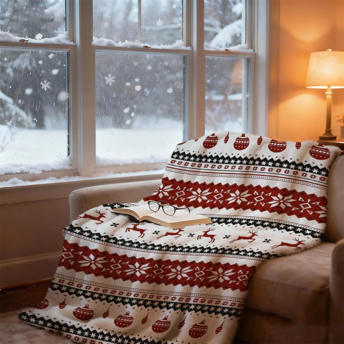 2D Flat Printing, 1pc Flannel Christmas Themed Printed Blanket, Red Reindeer and Colorful Ornament Design—Soft, Warm, and Cozy, Lightweight and Durable, Multiple Sizes Available, Perfect for Christmas, Living Room Sofa, Bedroom Couch Cover