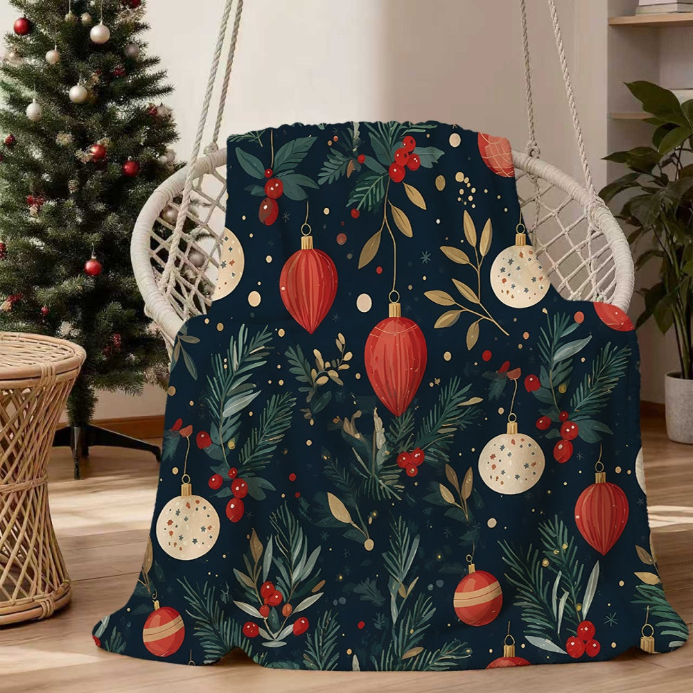 1pc Christmas Holiday Red And Golden Decorative Pattern Flannel Blanket, Soft Comfortable Warm, Dark Blue Design, All-Season Blanket, Warm Cover, Multiple Sizes Available, Suitable for Living Room Sofa, Bedroom, Reading Corner, Leisure Time