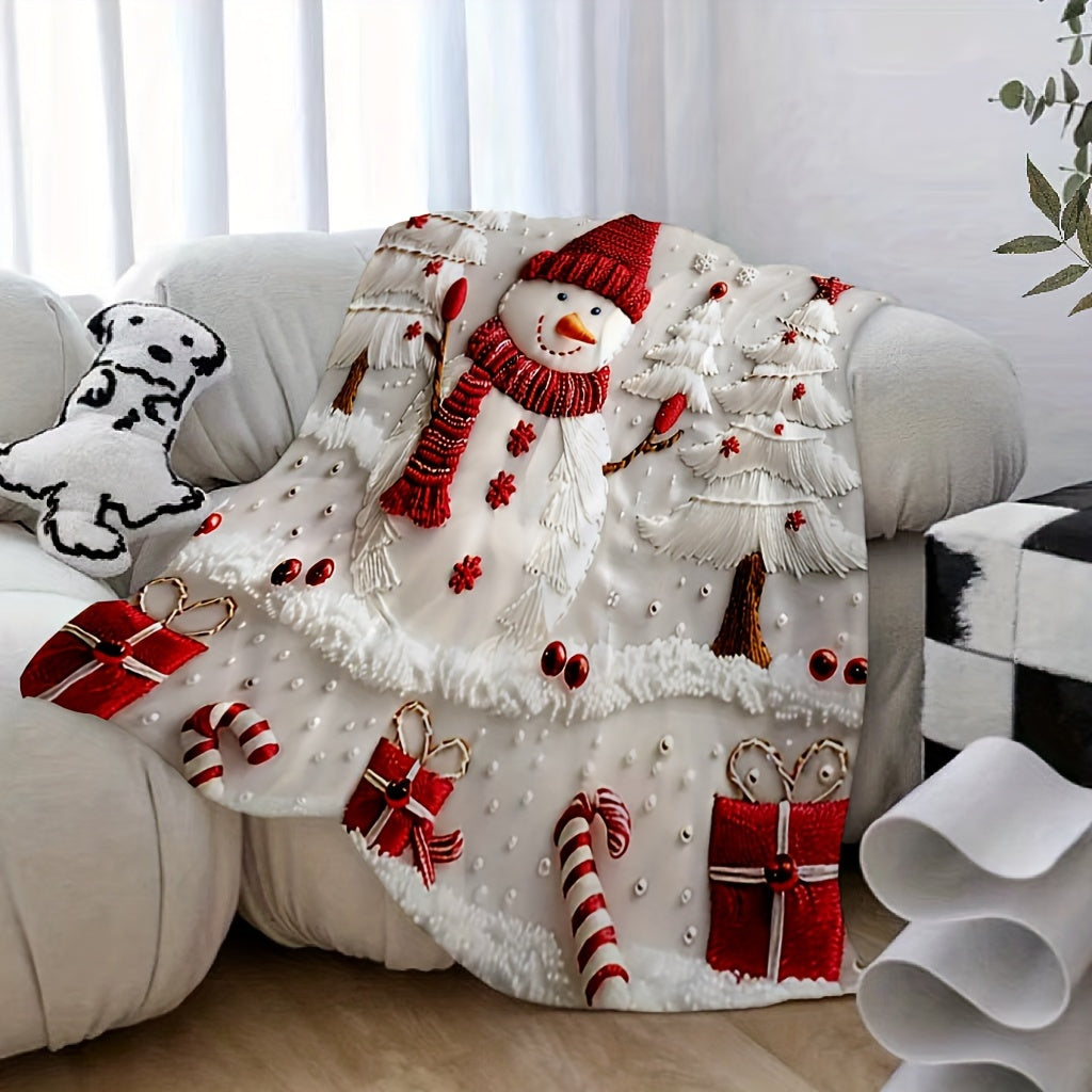 1pc Christmas Snowman and Pine Tree Pattern Flannel Blanket, Soft, Comfortable, and Warm, Red and White Design, Durable Plush Surface, All-Season Universal Sofa Blanket, Warm Throw Blanket, Multiple Sizes Available, Suitable for Living Room