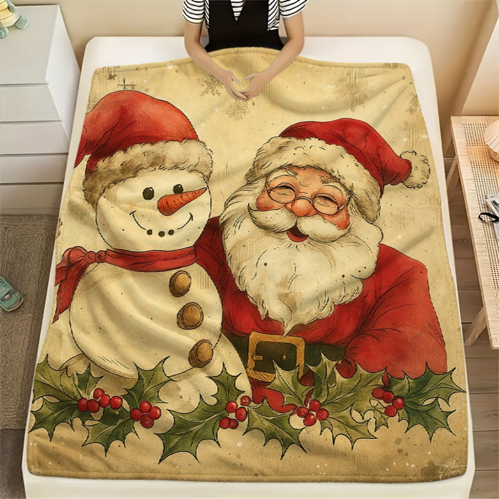 1pc Santa Claus and Snowman Cream Beige Flannel Blanket, Christmas Winter Body Blanket, Soft Plush for All Seasons, Suitable for Weekend Sofa Naps, Living Room Sofa Throw, and Seasonal Home Use