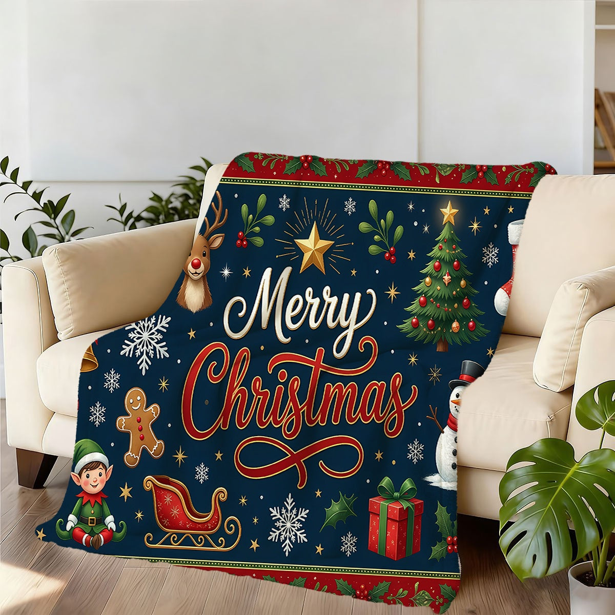 1pc, Santa Claus and Reindeer Pattern Flannel Blanket, Soft, Comfortable, and Warm, Dark Blue Holiday Design, Durable Plush Surface, All-Season Universal Sofa Blanket, Warm Throw Blanket, Multiple Sizes Available, Suitable for Living Room Sofas