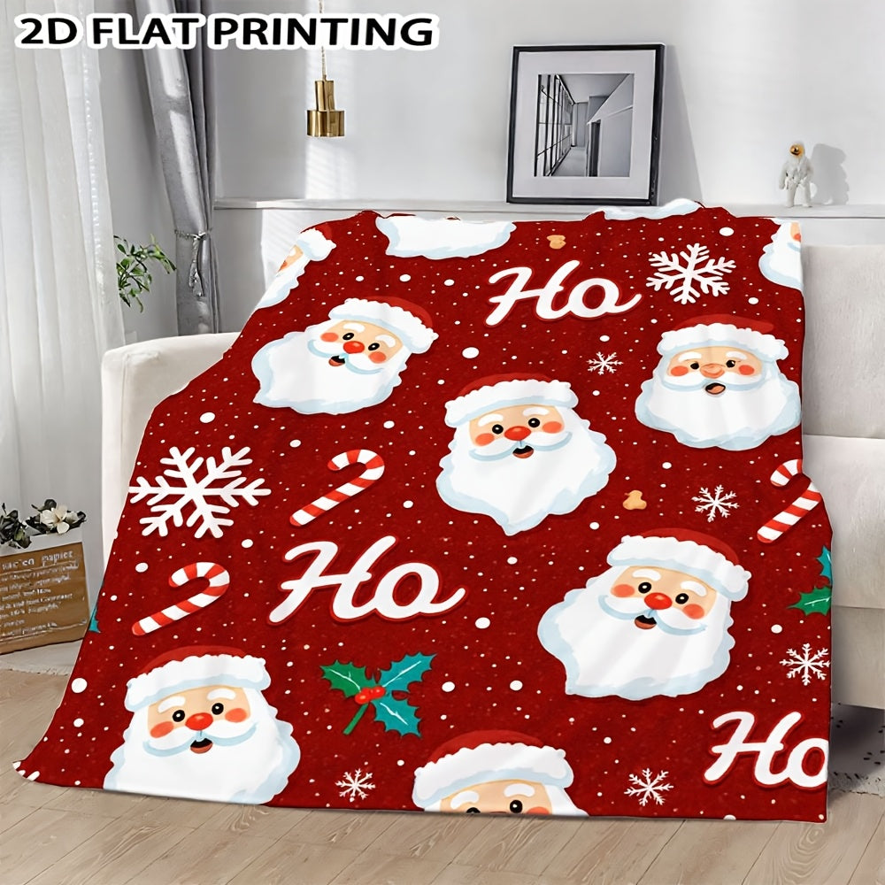Happy Santa And Snowflake Flannel Blanket - Soft And Warm Christmas Cover for Sofas, Camping, And Travel - Santa And Snowflake Warm Winter Decorative Blanket