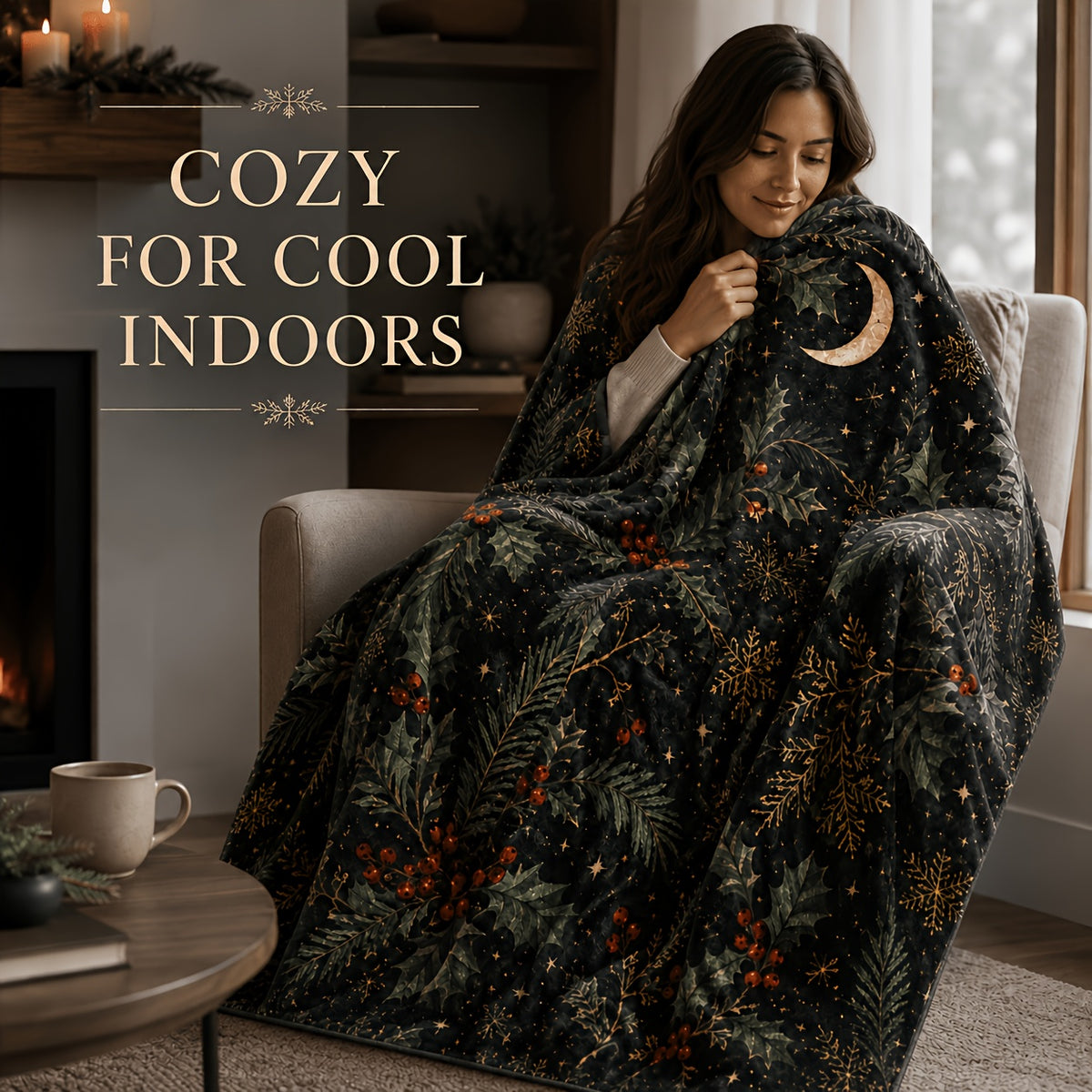 Blanket, Midnight Holly Forest Blanket Dark Holly Pine Branch Red Fruit Crescent Moon Living Room Sofa Bedroom Lunch Break Blanket