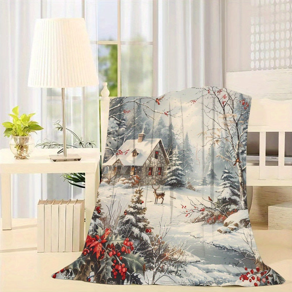 Winter Forest Cottage Scene Flannel Fleece Blanket - Comfortable Sofa Blanket for All Seasons, Digitally Printed Soft Double-Sided Velvet Cover, Machine Washable, Modern Style, No Decoration Christmas Gift