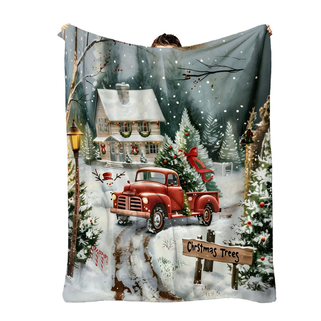 A Red Truck Blanket Featuring a Christmas Tree And Snow, Perfect for a Variety of Colored Sofas, Or Sofas. This All-Season Home Decoration, with Its Fun Animal Design And Other Features, Is Perfect for Enhancing Your Living Space