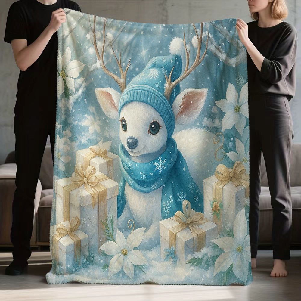 1pc Blue Reindeer Hat Scarf And Christmas Floral Flannel Blanket, Festive Winter Decor Design, Durable Plush Warm Throw Blanket, Suitable for Living Room Sofa Cover, Weekend Reading Time, Dormitory Life