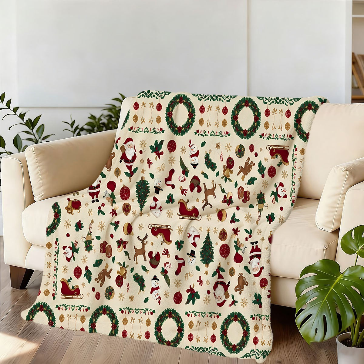 1pc, Christmas Theme Santa Claus And Snowman Pattern Flannel Blanket, Soft Comfortable Warm, Beige And Red Design, Durable Plush, All-Season Sofa Blanket, Warm Cover, Multiple Sizes Available, Suitable for Living Room Sofa, Bedroom
