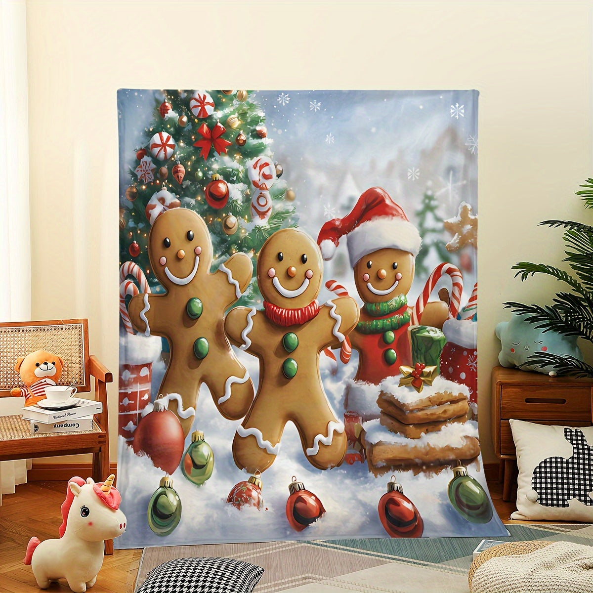 1pc Gingerbread Man And Christmas Tree Blue Theme Flannel Oversized Blanket, Winter Holiday Decor Design, Large Plush Throw Blanket, Suitable for Living Room Sofa Cover, Bedroom Bed End Decoration, Weekend Leisure Time