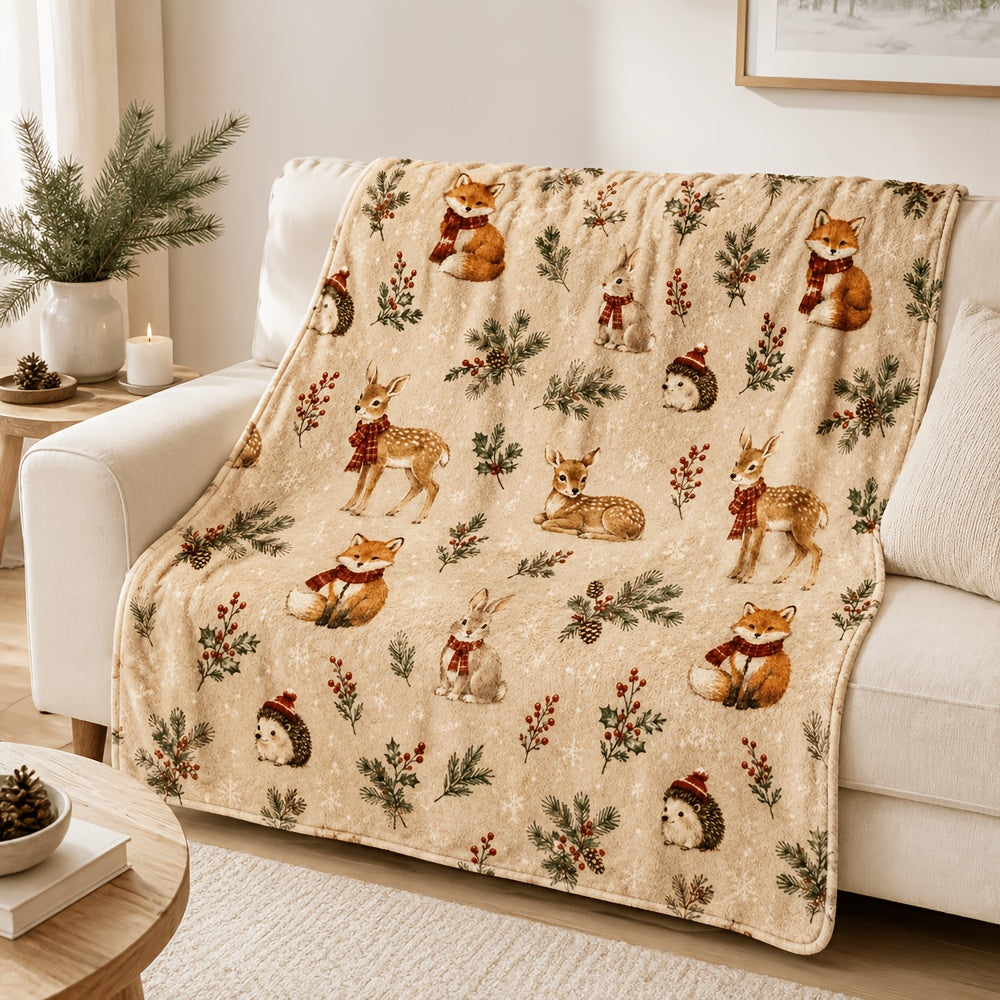 Blanket, Winter Forest Animal Christmas Blanket, Fox Deer Rabbit Hedgehog Pine Branch Red Fruit Pattern Soft Blanket, Living Room Sofa Bedroom Autumn And Winter Warm Home Decoration Blanket