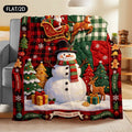 Vintage Country Style Patchwork Plaid Flannel Blanket, Christmas New Year Theme, Large Snowman Santa Claus Reindeer Sleigh Christmas Tree Gift Box Gingerbread Man Pattern, HAPPY NEW YEAR Christmas Joy Text Elements