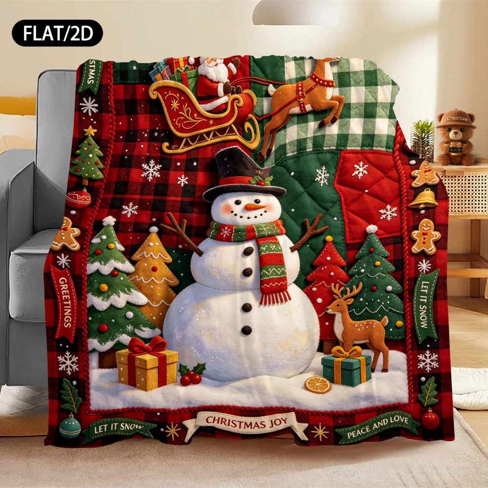 Vintage Country Style Patchwork Plaid Flannel Blanket, Christmas New Year Theme, Large Snowman Santa Claus Reindeer Sleigh Christmas Tree Gift Box Gingerbread Man Pattern, HAPPY NEW YEAR Christmas Joy Text Elements