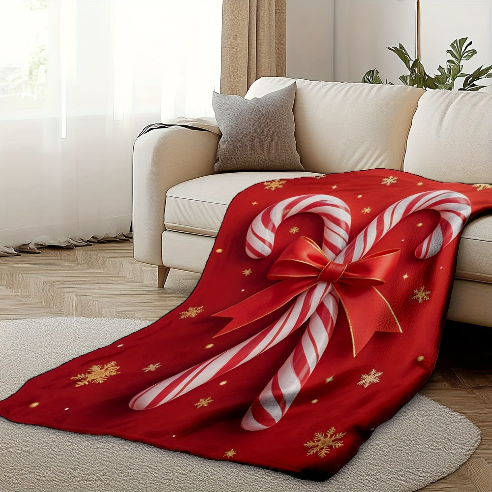 1pc Red Candy Cane Pattern Blanket, Christmas Holiday Decorative Design, Soft Plush Surface, Lightweight and Durable Flannel Material, Multiple Sizes Available, Perfect for Christmas, Living Room Decor, Bedroom Warmth, and Christmas Holiday