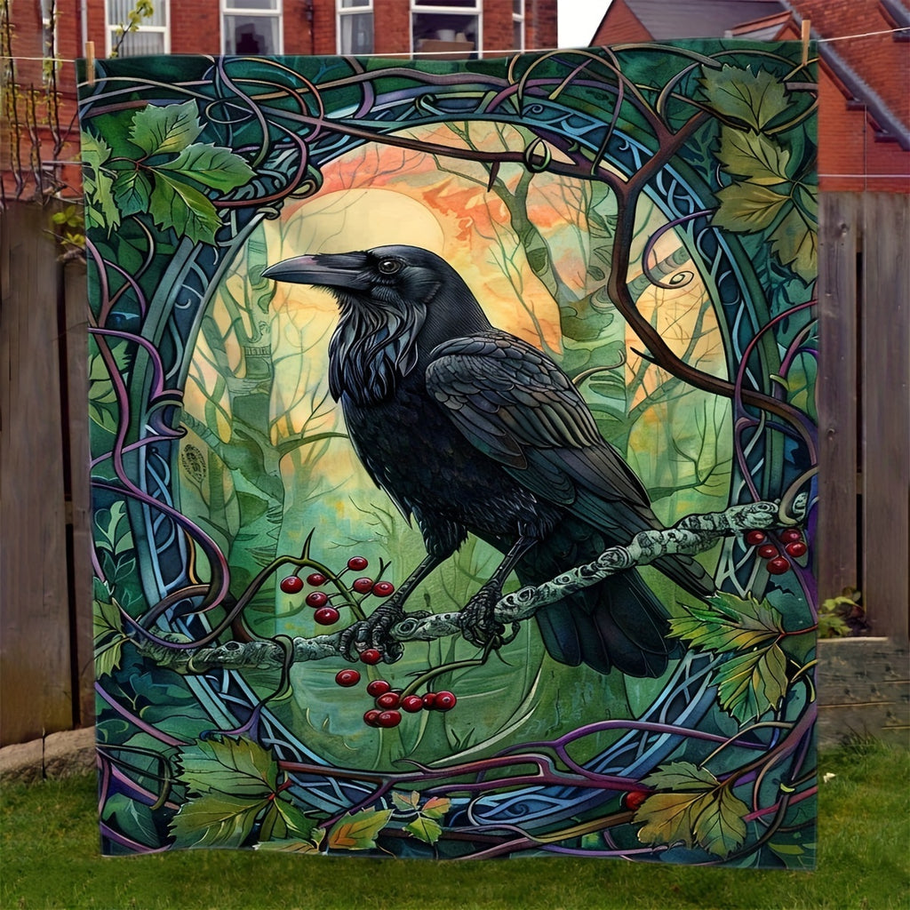 1pc 2D Flat Printing, Crow Perch Forest Pattern Blanket, Soft Fleece Blanket, Deep Green And Orange-Yellow Interwoven Design, All-Season Warm Throw, Multiple Sizes Available, Suitable for Living Room Sofa, Bedroom, Outdoor Courtyard