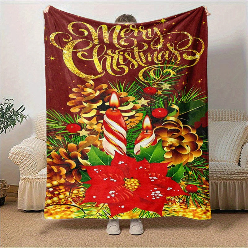 1 Christmas Holiday Blanket, Red Christmas Flower and Pinecone Print Design, Full-body Throw Blanket, Soft Flannel Plush Surface, Lightweight and Durable, Multiple Sizes Available, Suitable for Christmas Decoration, Living Room Leisure