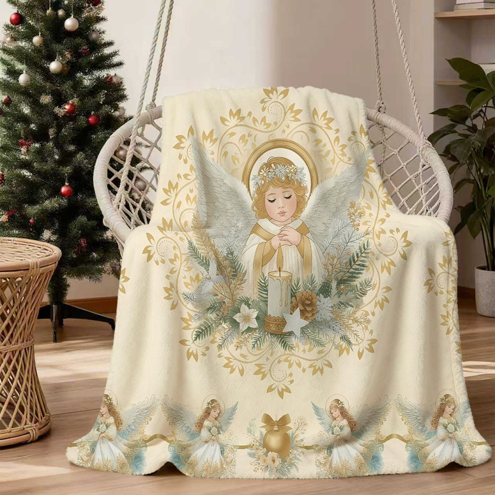 1pc Christmas Angel And Candle Floral Pattern Golden Main Color Flannel Blanket, Soft Comfortable Warm, All-Season Blanket, Warm Cover Blanket, Suitable for Living Room Sofa, Bedroom, Reading Area, Rest Area, And Holiday Decor