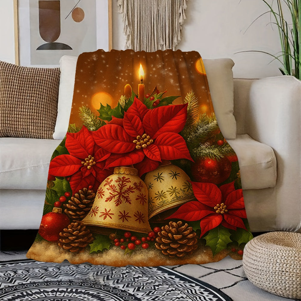 1pc of Christmas Flannel Blanket with Red Flowers, Pinecones, and Golden Bell Patterns. Features a Festive and Warm Decorative Design, with a Soft Plush Surface Suitable for All Seasons. Ideal for Holiday Home Decor, Home Naps, and Reading Time