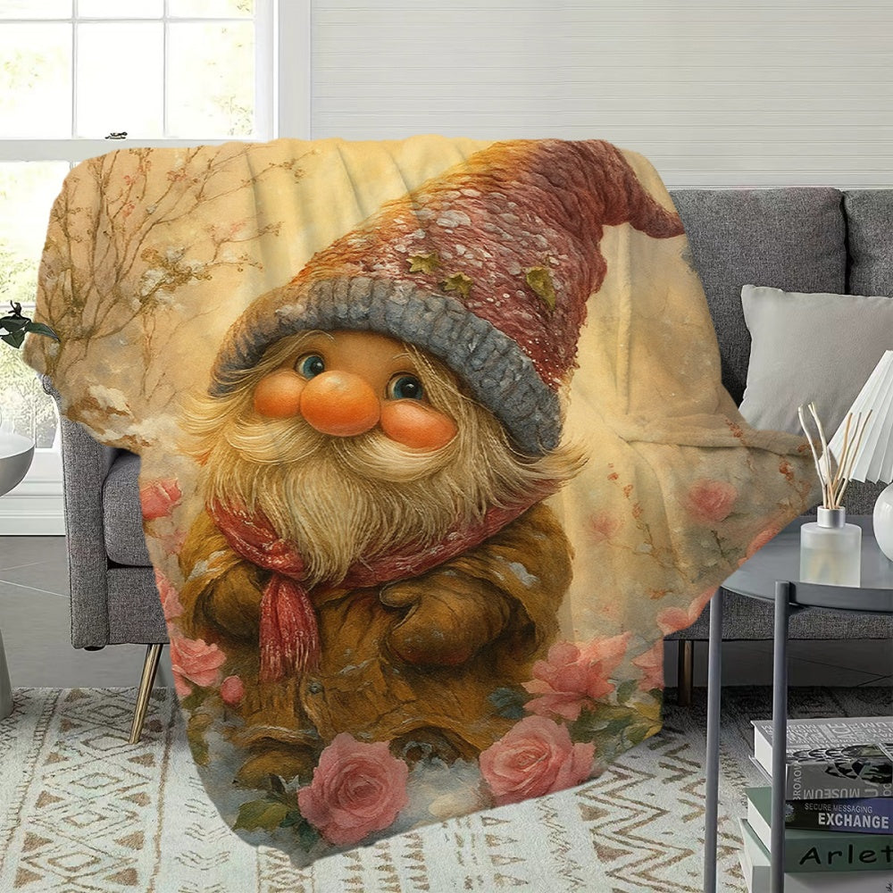 1pc, 2D Flat Cute Dwarf And Pink Rose Pattern Flannel Blanket, Soft Comfortable Warm, Warm Yellow And Pink Design, Durable Plush, All Seasons, Warm Blanket, Suitable for Weekend Sofa Naps, Home Afternoon Rest, Reading Time