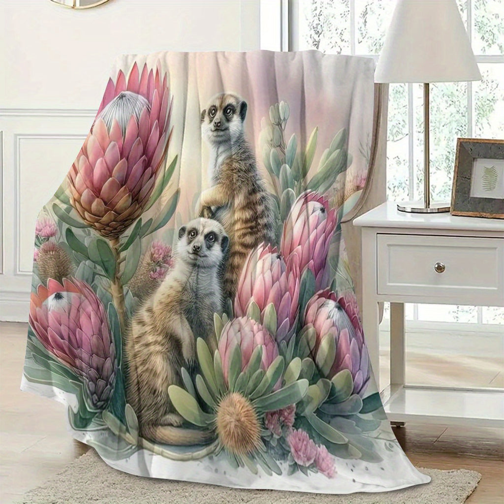 1pc 2D Flat Print Meerkat and King Protea Themed Blanket, Soft Flannel Throw—pink Floral Design, Multiple Sizes Available, Suitable for Living Room, Bedroom, Sofa, and Casual Reading, 2D Flat