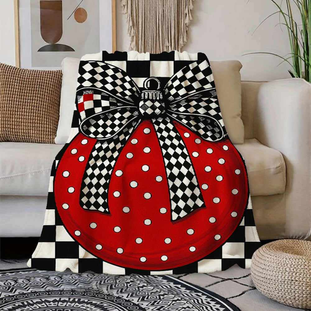 1pc Flannel Blanket with a Red Background Featuring White Polka Dots and a Black-and-white Checkered Bow Pattern, Designed for Christmas Holiday Decoration. Soft Plush Surface, Suitable for All Seasons. Ideal for Holiday Home Decor, Weekend Naps