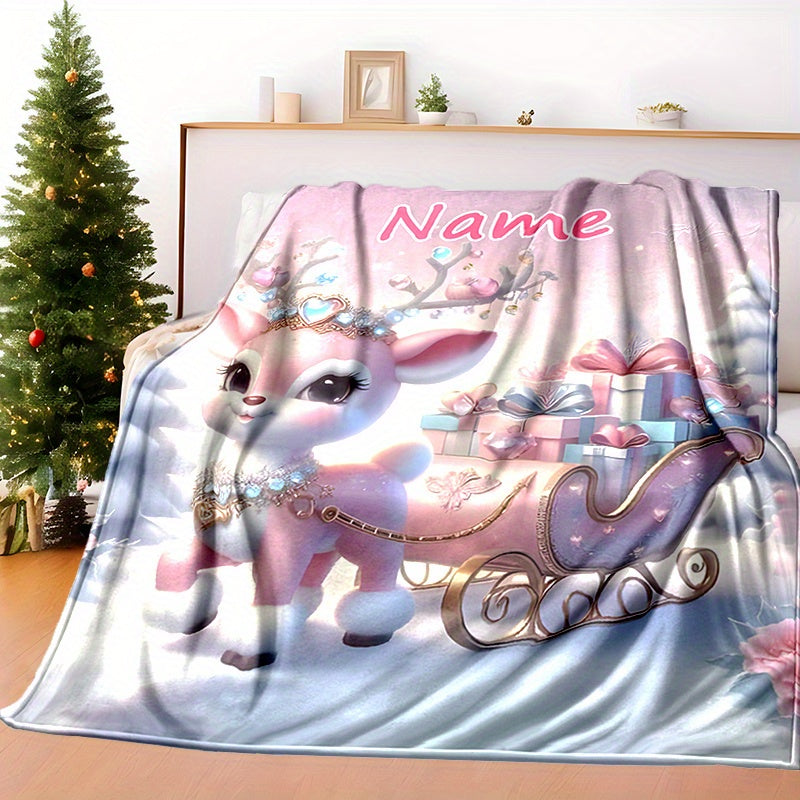 1pc Pink Reindeer Patterned Blanket, Christmas Theme Printed Design, Body Cover Blanket, Soft Fleece Plush, Lightweight And Durable, Multiple Sizes Available, Suitable for Holiday Decor, Living Room Leisure, Bedroom Warmth, Study Reading