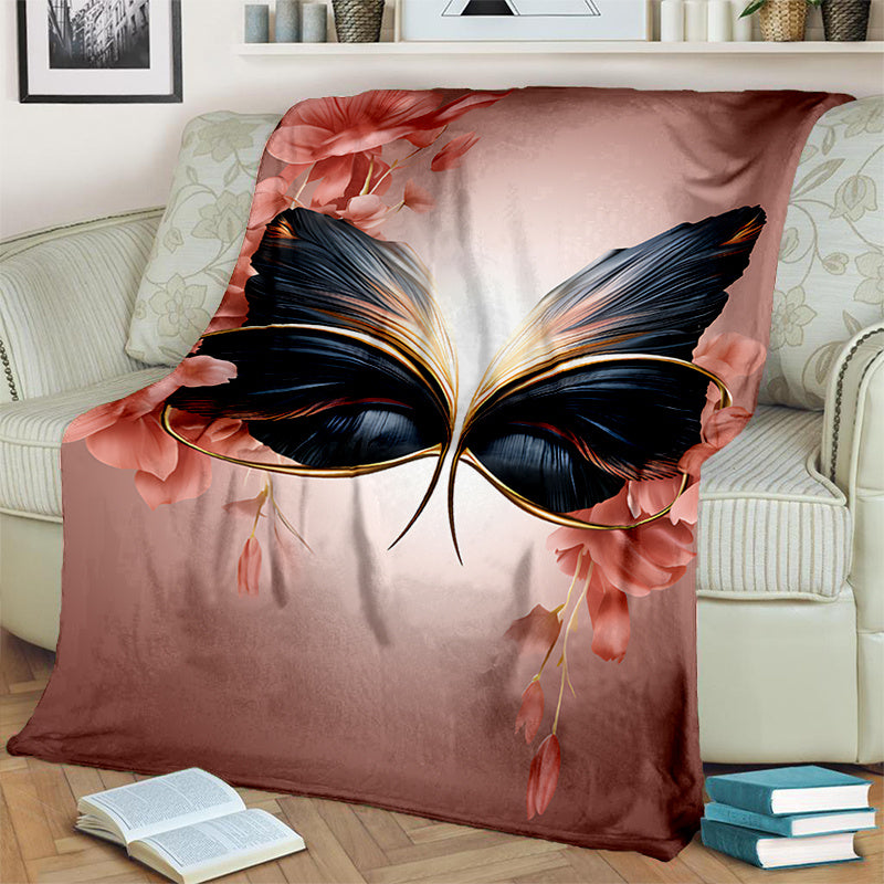 1pc 2D Flat Print Black and Golden Butterfly with Pink Floral Blanket, Soft Flannel Throw—romantic Pink and Golden Design, Multiple Sizes Available, Suitable for Living Room Sofas, Bedroom, Office Naps, Outdoor Picnics, and Reading Time, 2D Flat