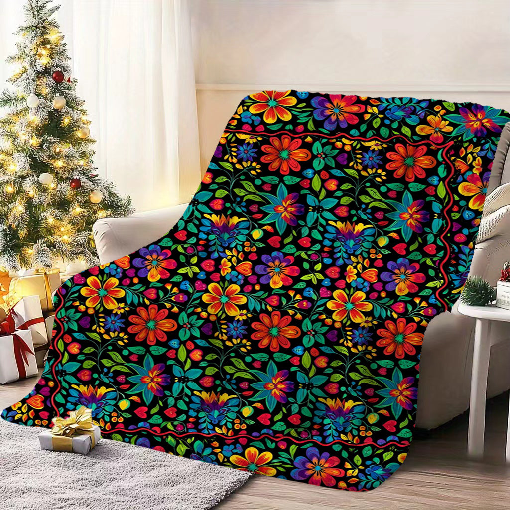 1pc Colorful Floral Patterned Blanket, Ethnic Style Design, Soft Plush Surface, Flannel Material Lightweight And Durable, Multiple Sizes Available, Ideal for Holiday Gatherings, Living Room Leisure, Bedroom Warmth, Study Reading, Seasonal Home Decor