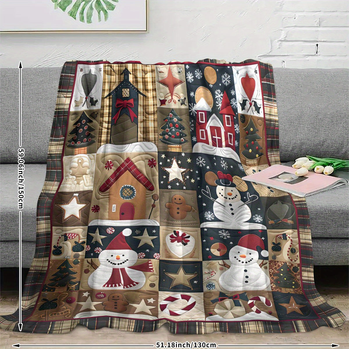 1pc Comfortable Patchwork Snowman Print Blanket, Suitable for Bedroom, Office, Living Room, Camping, Multi-functional Use