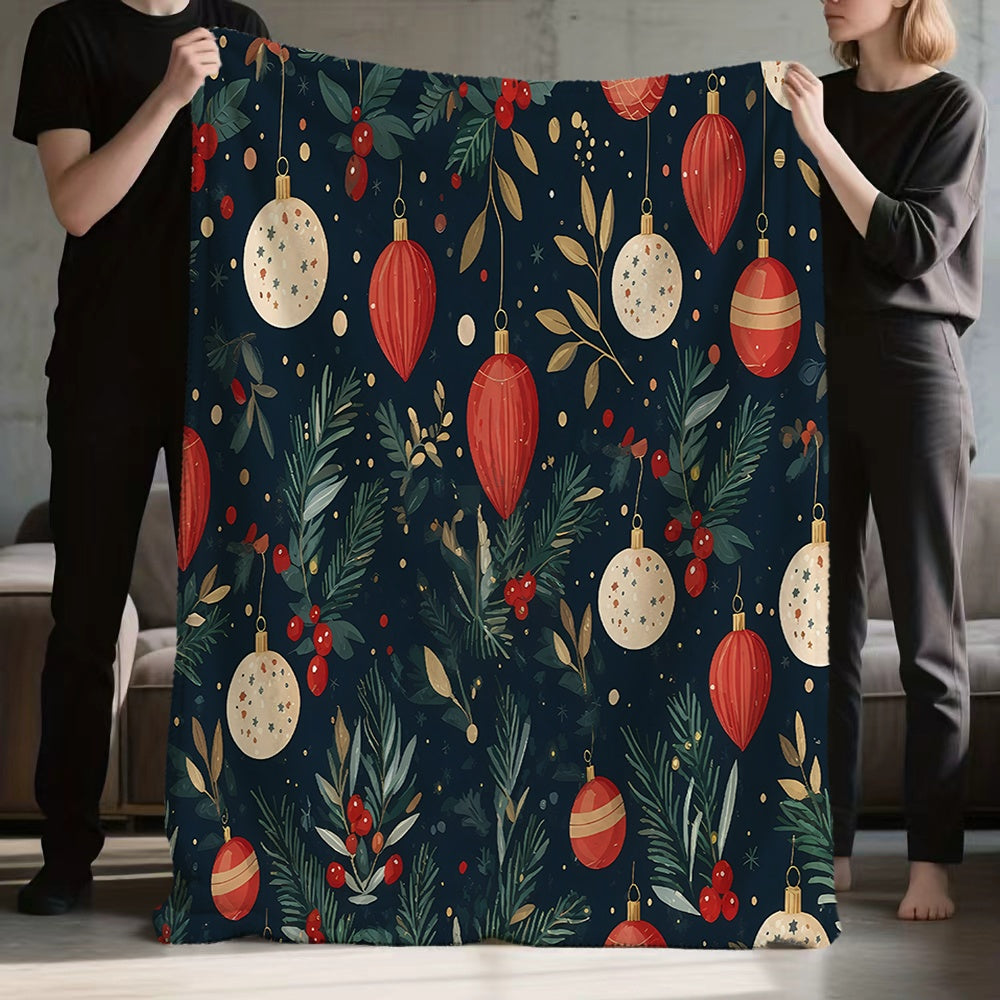 1pc Christmas Holiday Red And Golden Decorative Pattern Flannel Blanket, Soft Comfortable Warm, Dark Blue Design, All-Season Blanket, Warm Cover, Multiple Sizes Available, Suitable for Living Room Sofa, Bedroom, Reading Corner, Leisure Time