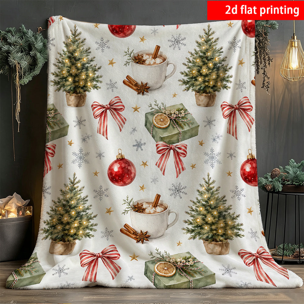 2D Flat Printing, 1pc, Easy Healing White Background Fresh Watercolor Christmas Tree Bow Flannel Blanket, Universal for All Seasons, Suitable for Office, Family, Outdoor Camping, Travel, Single-Sided Printing, Warm Home Decoration