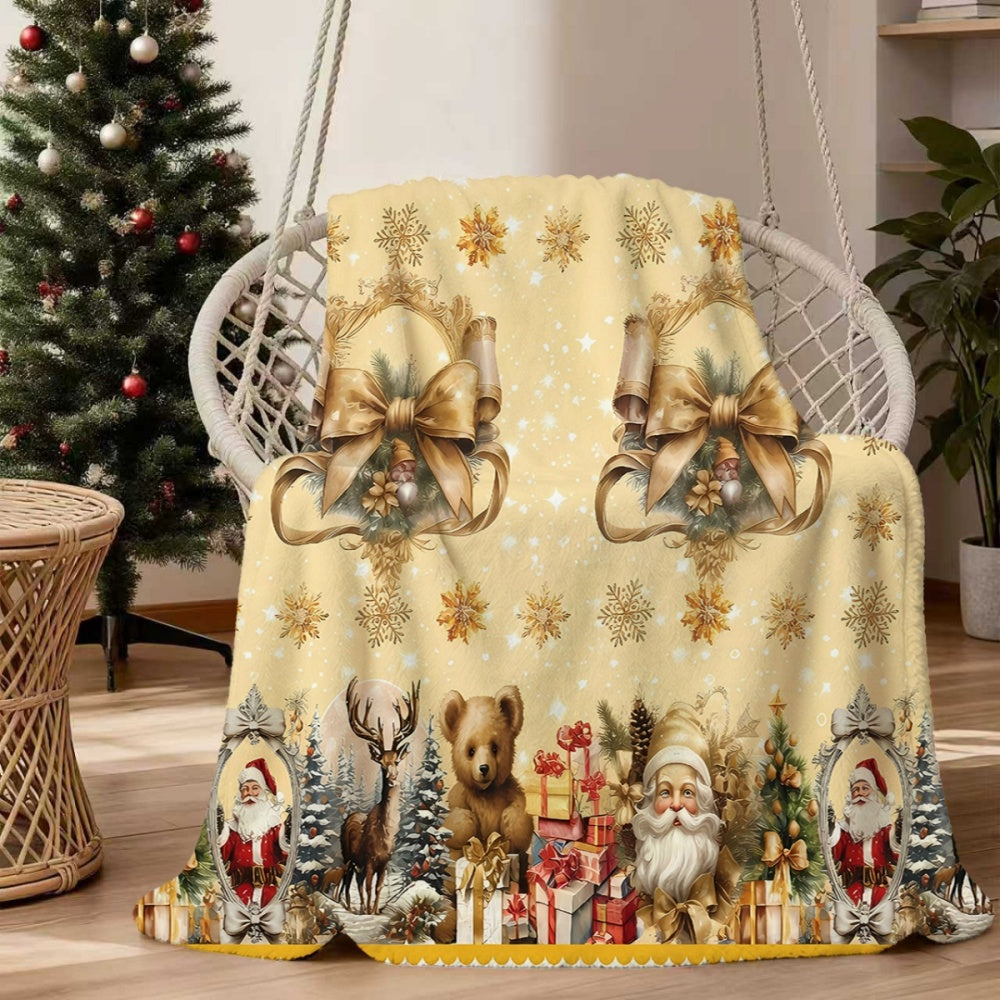 1pc, 1pc Christmas-Themed Golden Snowflake And Reindeer Santa Claus Pattern Flannel Blanket, Soft Comfortable Warm, Beige Design, Durable Plush, All-Season Sofa Blanket, Warm Cover, Multiple Sizes Available, Suitable for Living Room Sofa