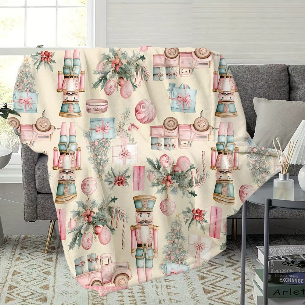 1pc Christmas Nutcracker And Gift Box Pattern Flannel Blanket, Soft Comfortable Warm, Cream And Pink Design, Durable Plush, All-Season Blanket, Warm Cover, Multiple Sizes Available, Suitable for Living Room Sofa, Bedroom, Reading Corner