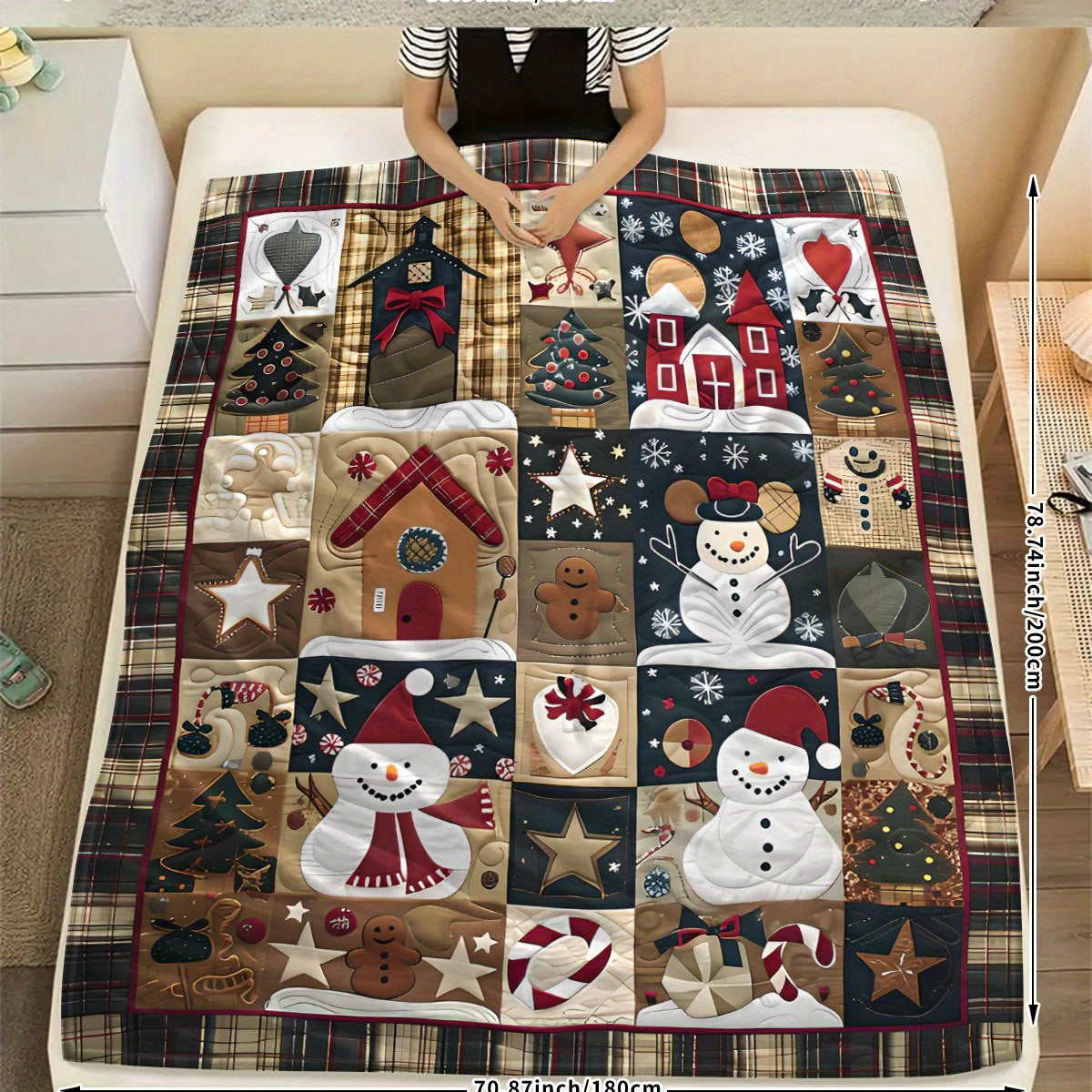 1pc Comfortable Patchwork Snowman Print Blanket, Suitable for Bedroom, Office, Living Room, Camping, Multi-functional Use