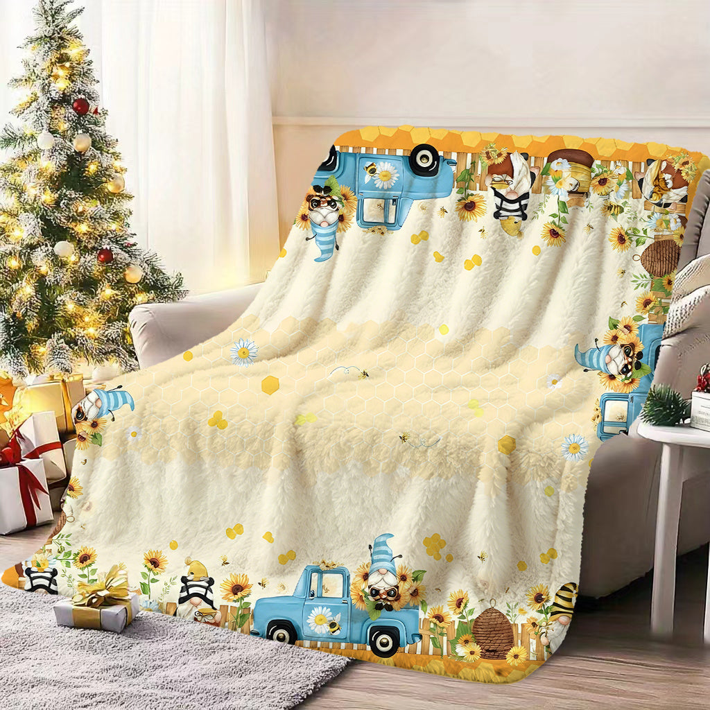 1pc Pastoral Bee Pattern Blanket, Cartoon Style Design, Soft Plush Surface, Flannel Material Lightweight And Durable, Multiple Sizes Available, Ideal for Holiday Gatherings, Living Room Leisure, Bedroom Warmth, Study Reading, Seasonal Home Decor