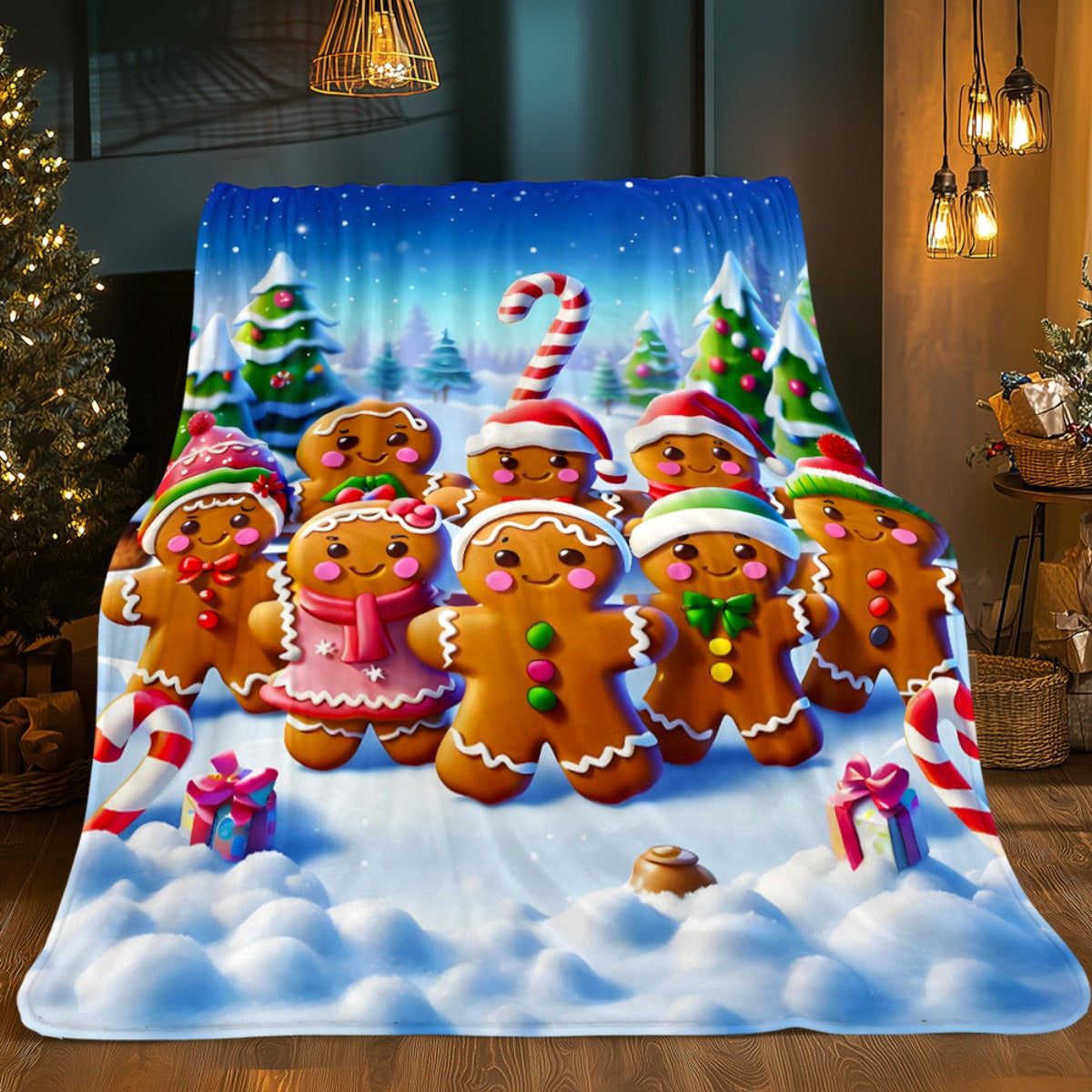 1pc Gingerbread for Man and Christmas Tree Blue Themed Flannel Large Blanket, Winter Holiday Decorative Design, Oversized Plush Throw Blanket, Suitable for Dorm Life, Home Naps, and Weekend Sofa Lounging