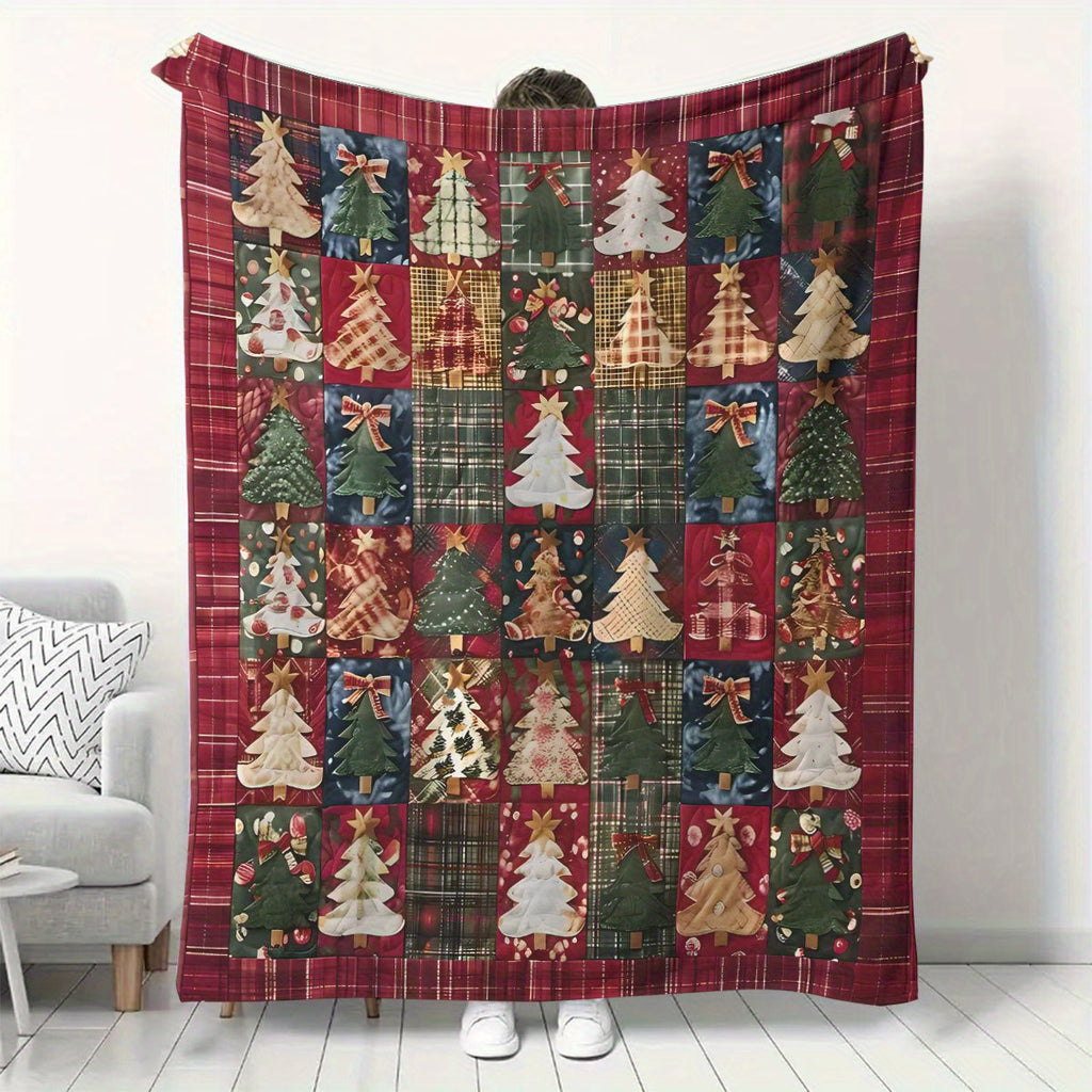 1 Comfortable Patchwork Christmas Digital Printed Flannel Blanket - Soft Four Seasons Machine Washable for Sofas, Tops, Camping and Offices - Plaid and Geometric Holiday Decor - Ideal Gift, Christmas Blanket