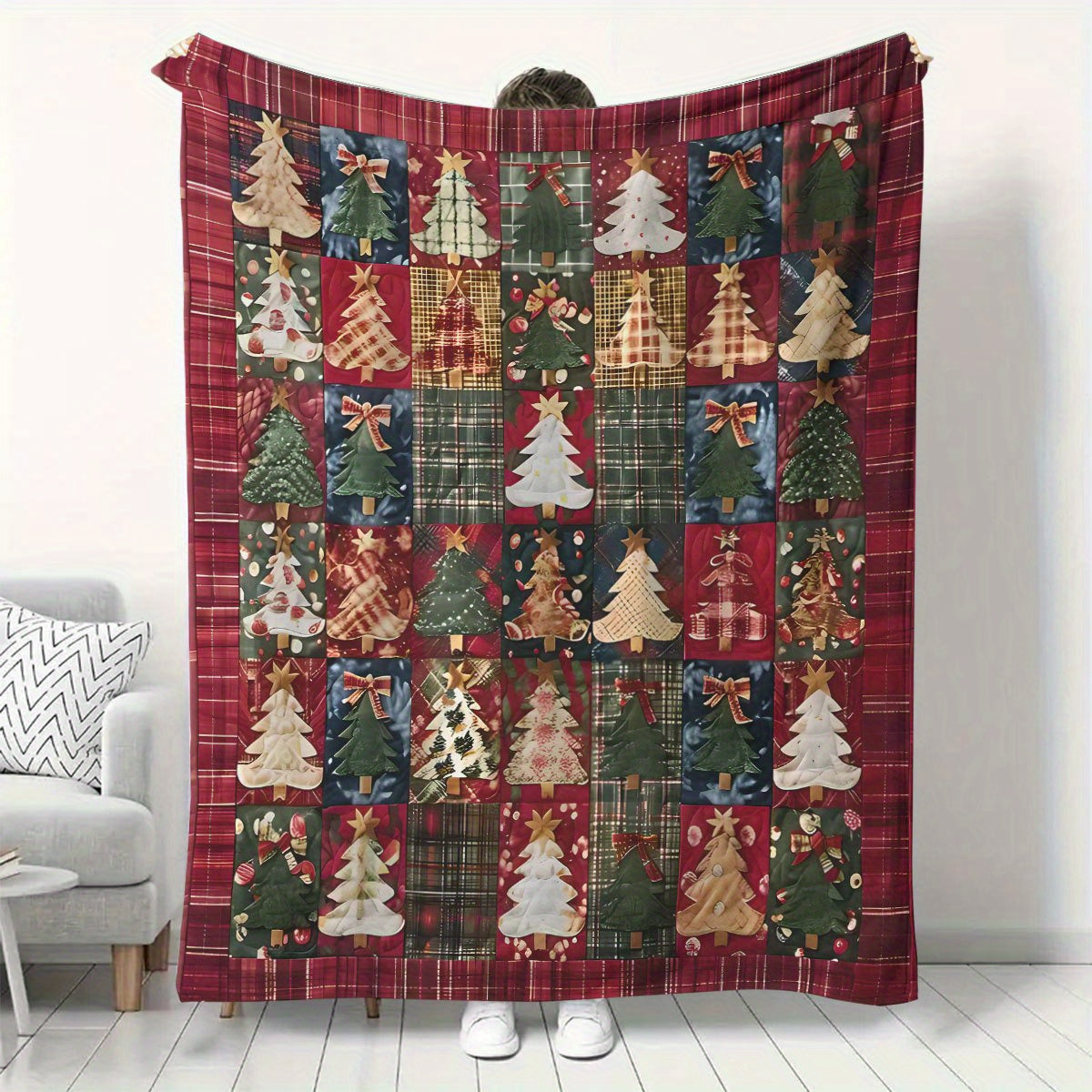 1 Comfortable Patchwork Christmas Digital Printed Flannel Blanket - Soft Four Seasons Machine Washable for Sofas, Tops, Camping and Offices - Plaid and Geometric Holiday Decor - Ideal Gift, Christmas Blanket