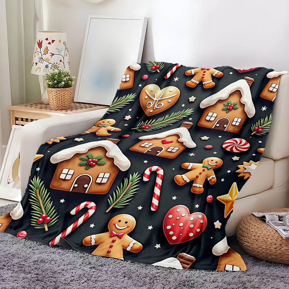 1pc Gingerbread Pattern Blanket, Christmas Print Design, Full-body Throw Blanket, Soft Flannel Plush Surface, Lightweight and Durable, Multiple Sizes Available, Suitable for Holiday Decoration, Living Room Leisure, Bedroom Warmth, and Sofa Cover