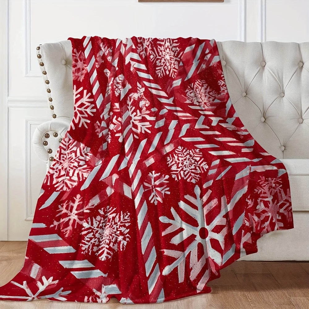 1 Red Snowflake Stripe Flannel Blanket with Festive Design, Soft Plush Surface, Lightweight and Durable Flannel Material, Available in Multiple Sizes, Perfect for Christmas, Living Room Lounging, Bedroom Warmth, and Holiday Decoration