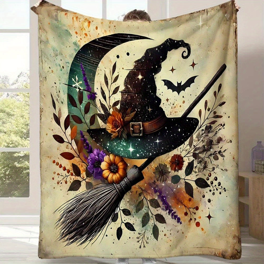 1pc Halloween Wizard Print Blanket, Dark Night Magic Throw Blanket, Super Warm Soft and Cozy Flannel Blanket, Multiple Sizes Available, Suitable for Living Room, Bedroom, Study, Balcony