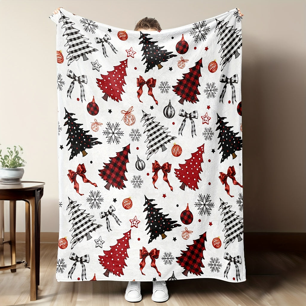 1pc Christmas Red Black Checkered Pine Tree Pattern Flannel Oversized Blanket, Festive Warm Design, Multi-Size Full-Body Blanket, Suitable for Reading Time, Camping Leisure, Seasonal Home Use