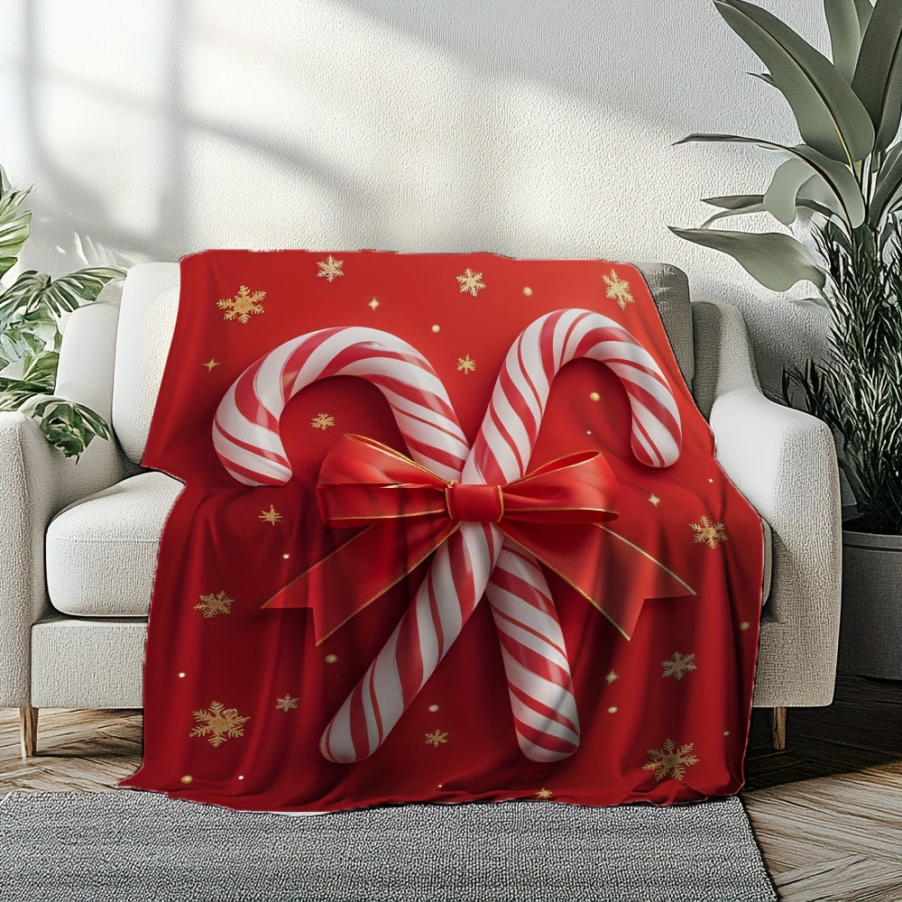 1pc Red Candy Cane Pattern Blanket, Christmas Holiday Decorative Design, Soft Plush Surface, Lightweight and Durable Flannel Material, Multiple Sizes Available, Perfect for Christmas, Living Room Decor, Bedroom Warmth, and Christmas Holiday